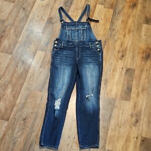 👖KanCan Dark Blue Distressed Denim Overalls